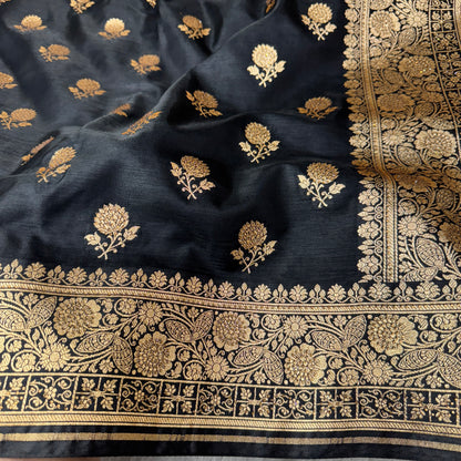Black Banarasi Satin Silk Saree With Swarovski Work - BN61