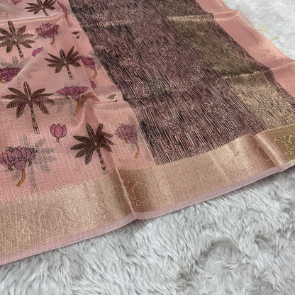 Rose Pink Banarasi Kota Check Tissue Silk Printed Saree