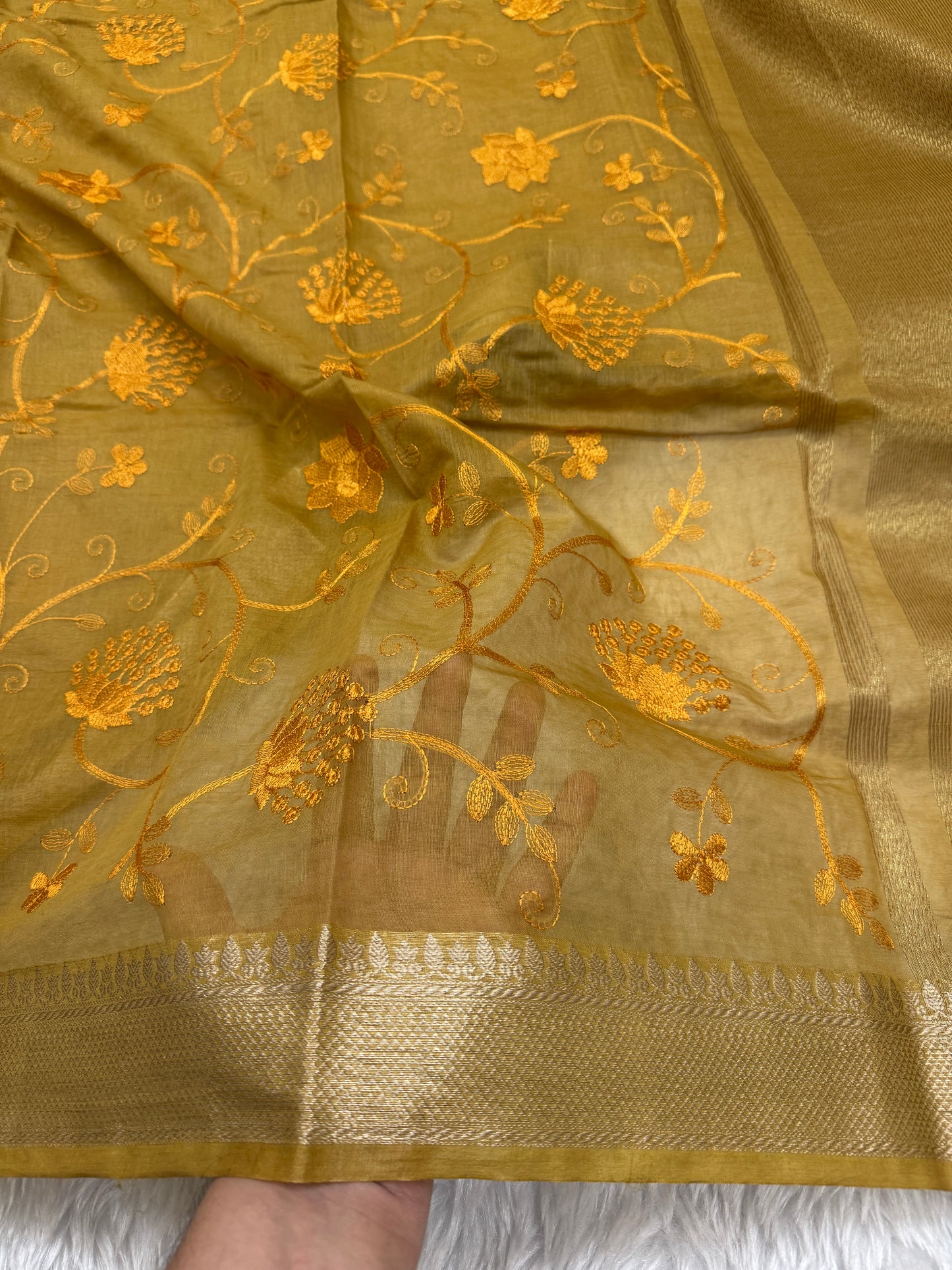 Mustard Yellow Mul Chanderi Chikankari Saree