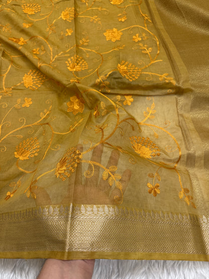 Mustard Yellow Mul Chanderi Chikankari Saree
