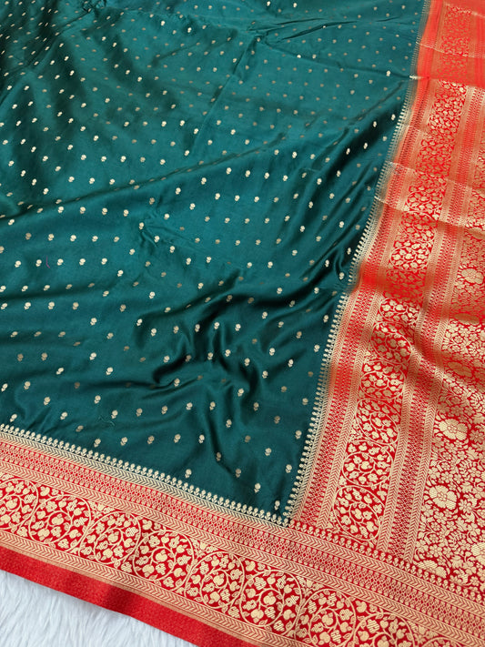 Emerald Green to Red Banarasi Mashru Silk Saree