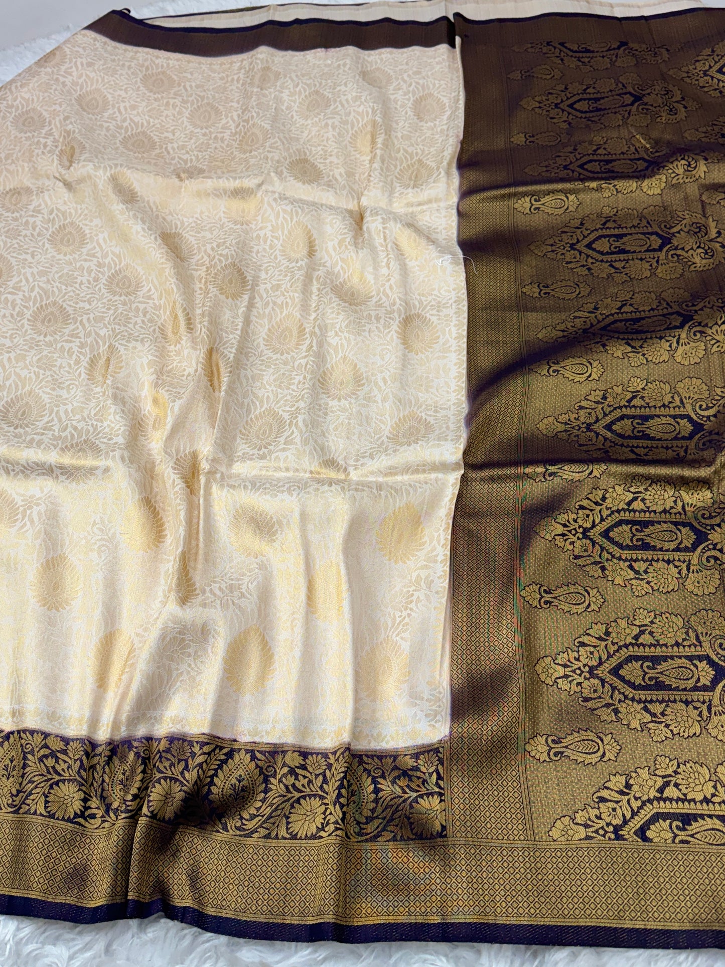 Off White to Navy Blue Kanjivaram Soft Silk Saree