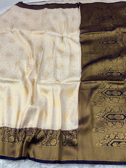 Off White to Navy Blue Kanjivaram Soft Silk Saree