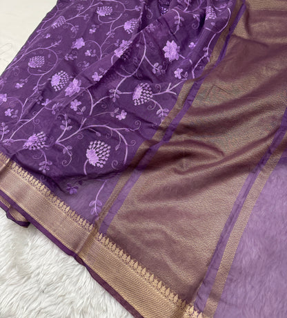 Purple Mul Chanderi Chikankari Saree