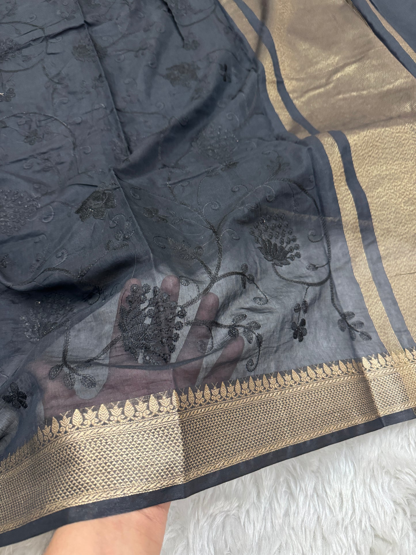 Black Mul Chanderi Chikankari Saree