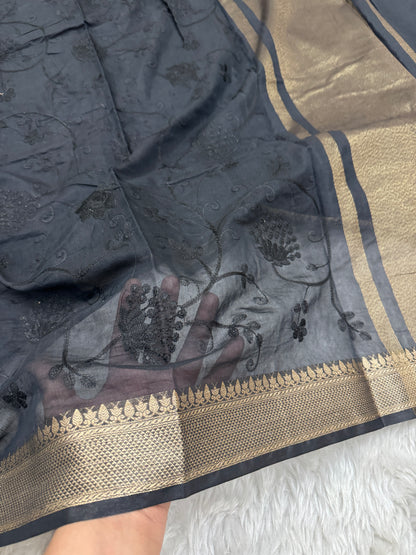 Black Mul Chanderi Chikankari Saree