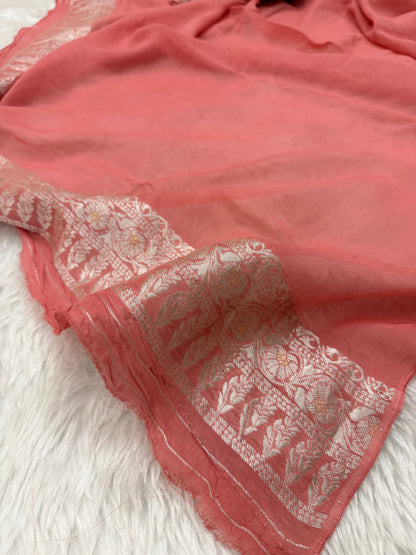 Rose Pink Banarasi Viscose Khaddi Georgette Saree