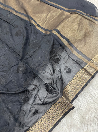 Black Mul Chanderi Chikankari Saree