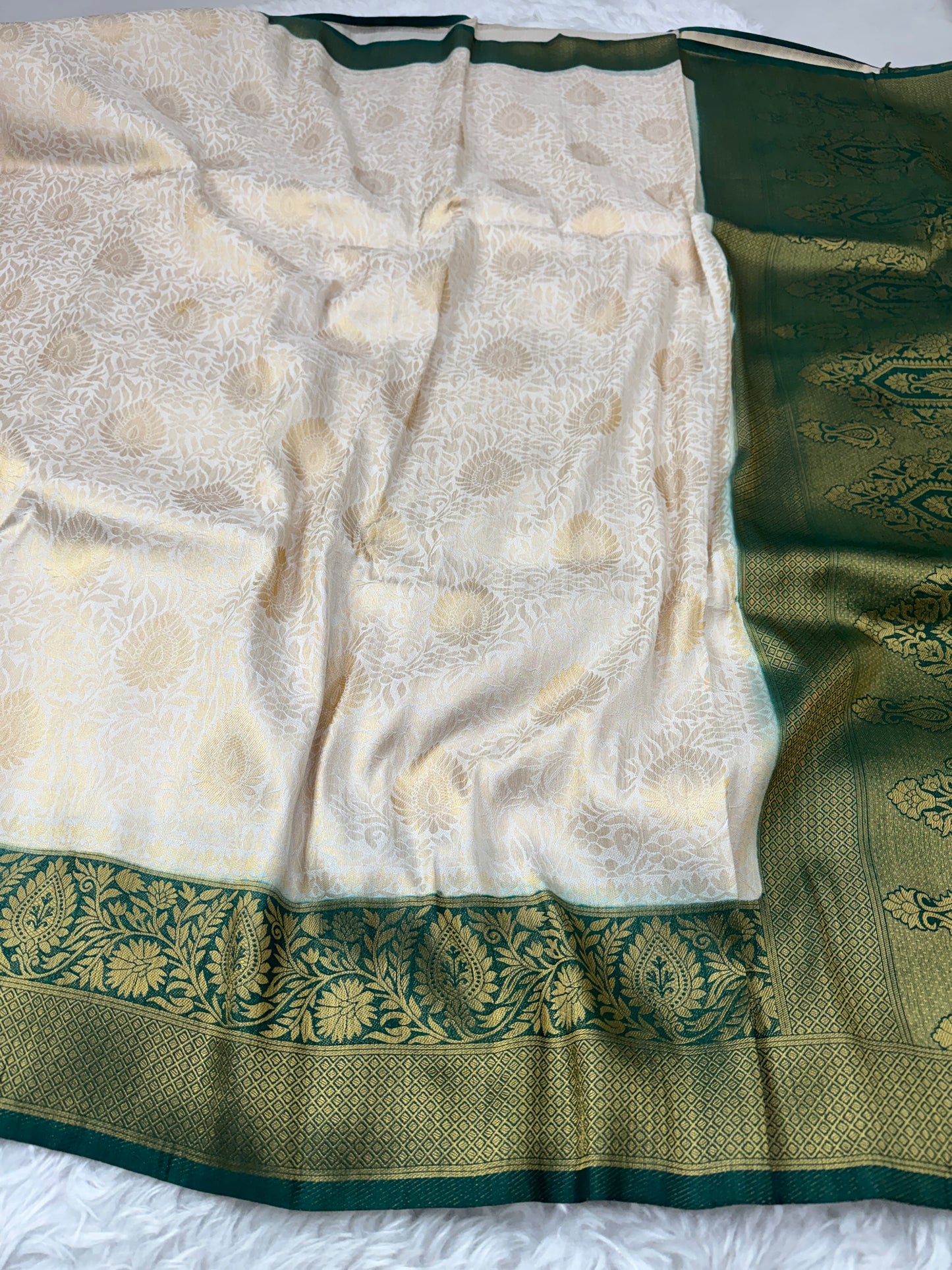 Off White to Bottle Green Kanjivaram Soft Silk Saree