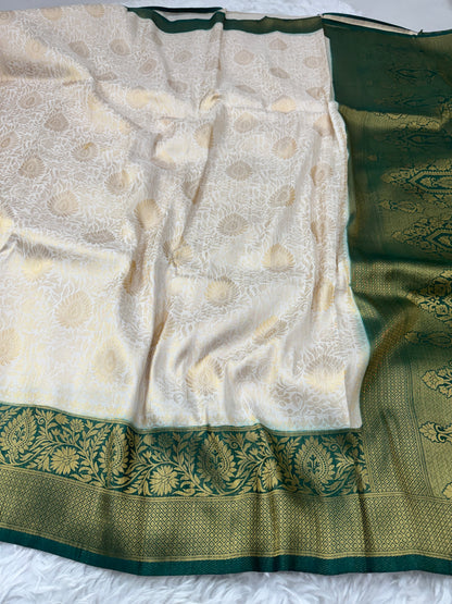 Off White to Bottle Green Kanjivaram Soft Silk Saree