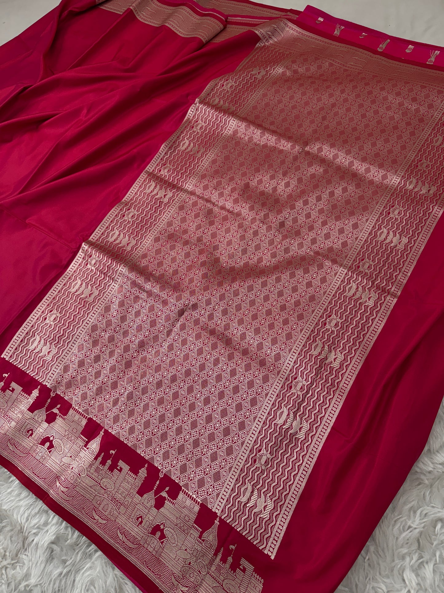 Deep Rani Pink Kashi Ghat Banarasi Satin Katan Silk Saree