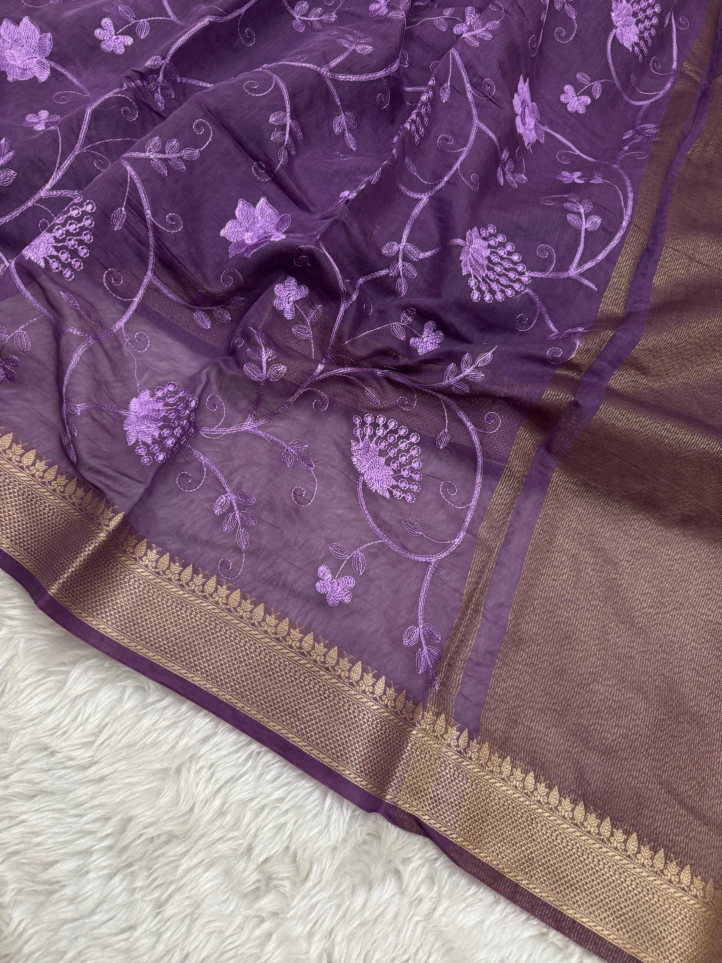 Purple Mul Chanderi Chikankari Saree