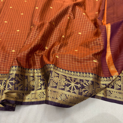 Rust Orange Semi Kanchipuram Silk Checks Saree