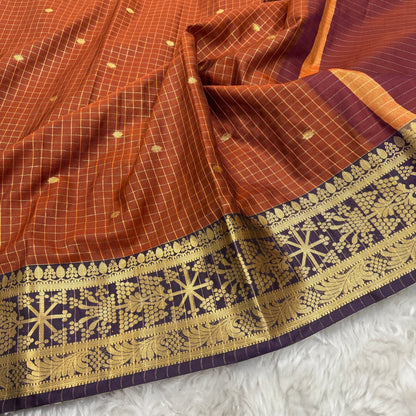 Rust Orange Semi Kanchipuram Silk Checks Saree