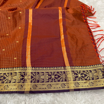 Rust Orange Semi Kanchipuram Silk Checks Saree