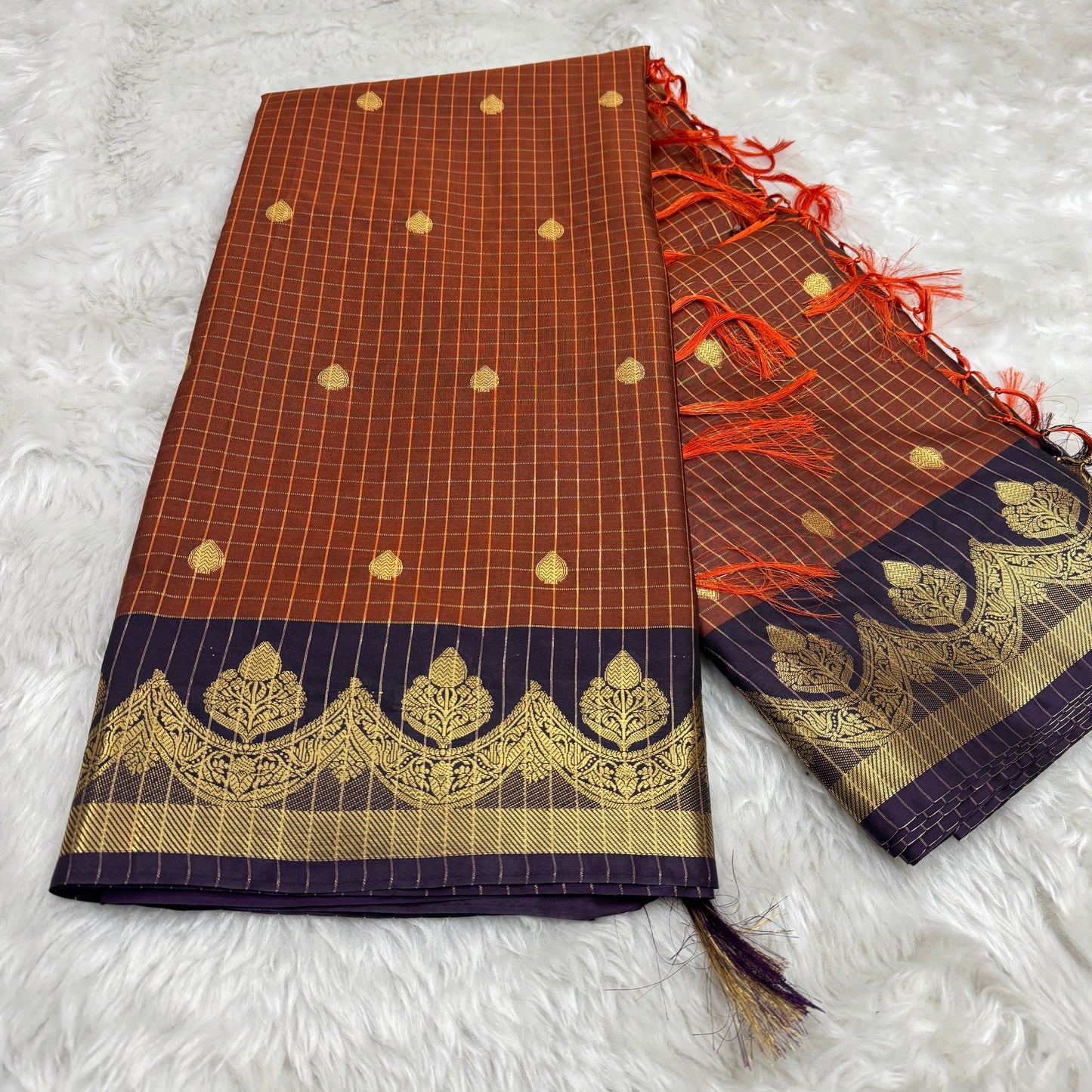 Rust Orange Semi Kanchipuram Silk Checks Saree
