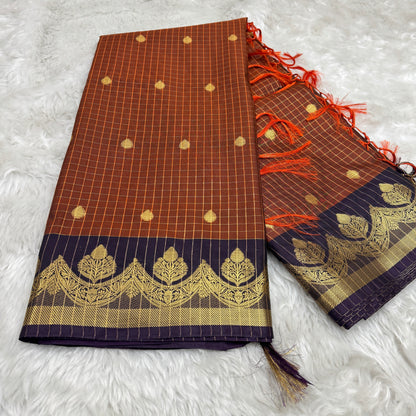 Rust Orange Semi Kanchipuram Silk Checks Saree