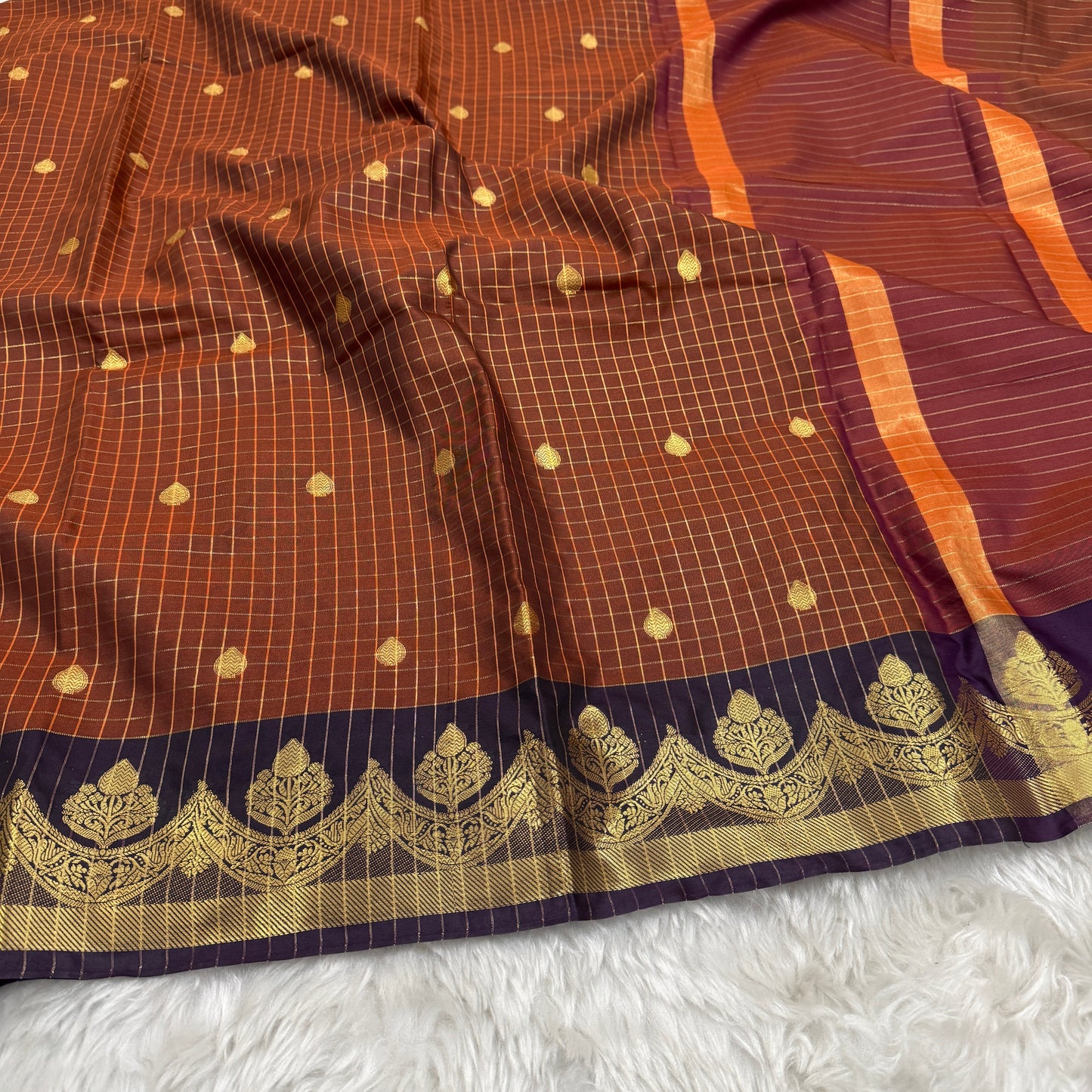 Rust Orange Semi Kanchipuram Silk Checks Saree