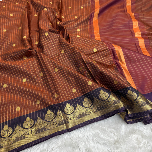Rust Orange Semi Kanchipuram Silk Checks Saree