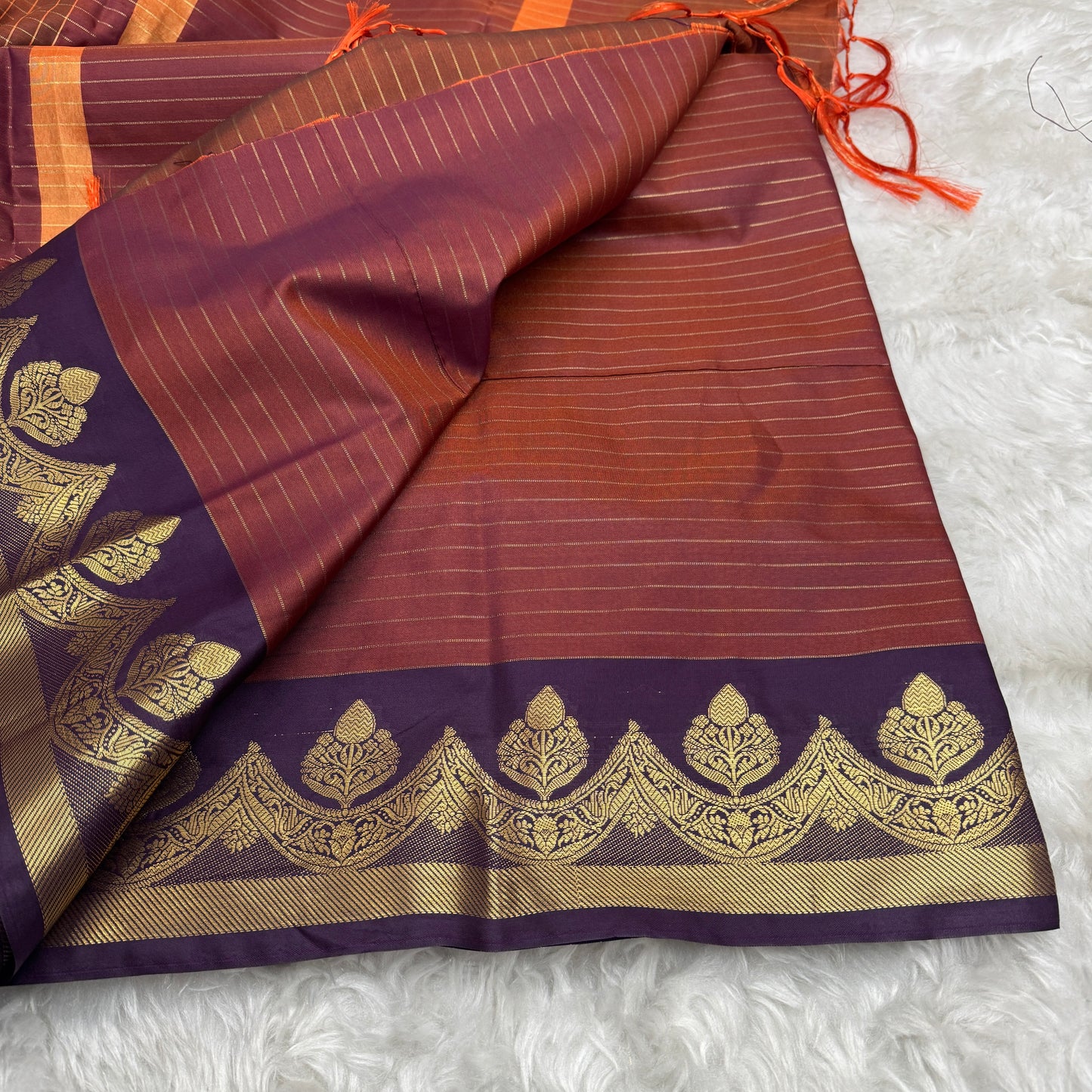 Rust Orange Semi Kanchipuram Silk Checks Saree
