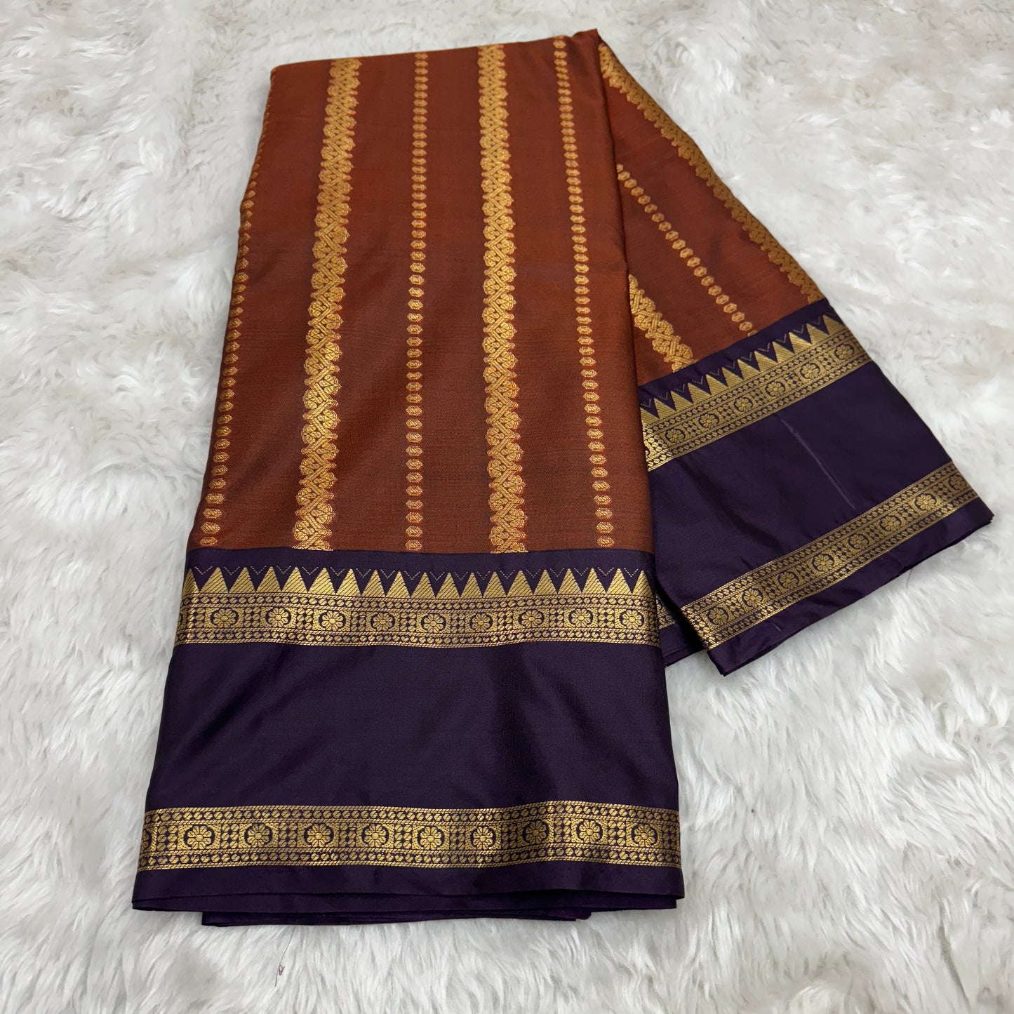 Rust Orange Wine Semi Kanchipuram Silk Saree