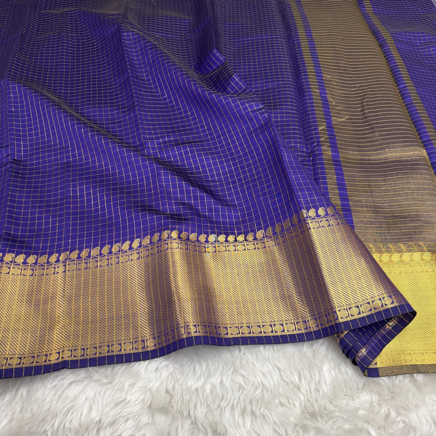 Royal Blue Semi Kanchipuram Silk Checks Saree