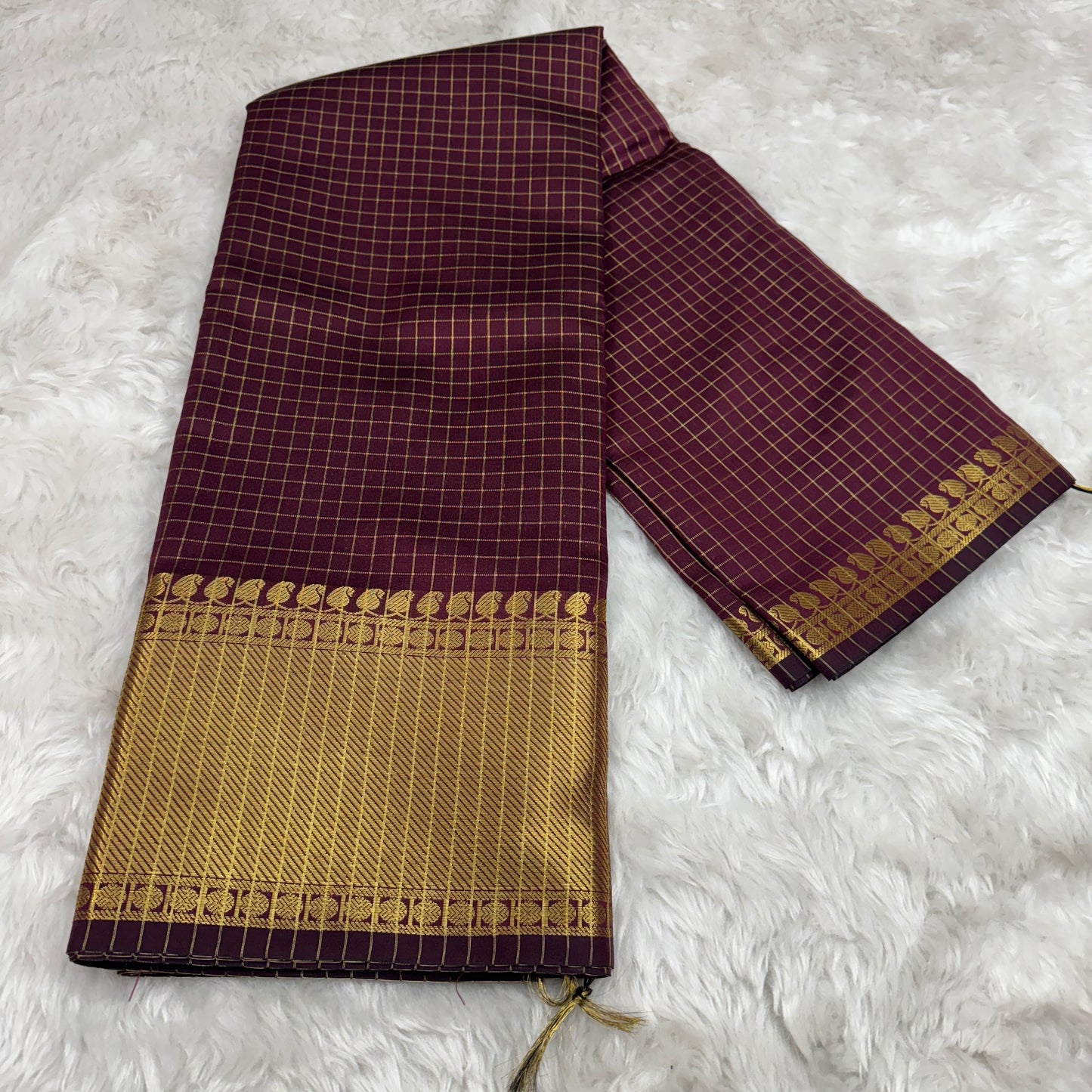 Wine Semi Kanchipuram Silk Checks Saree