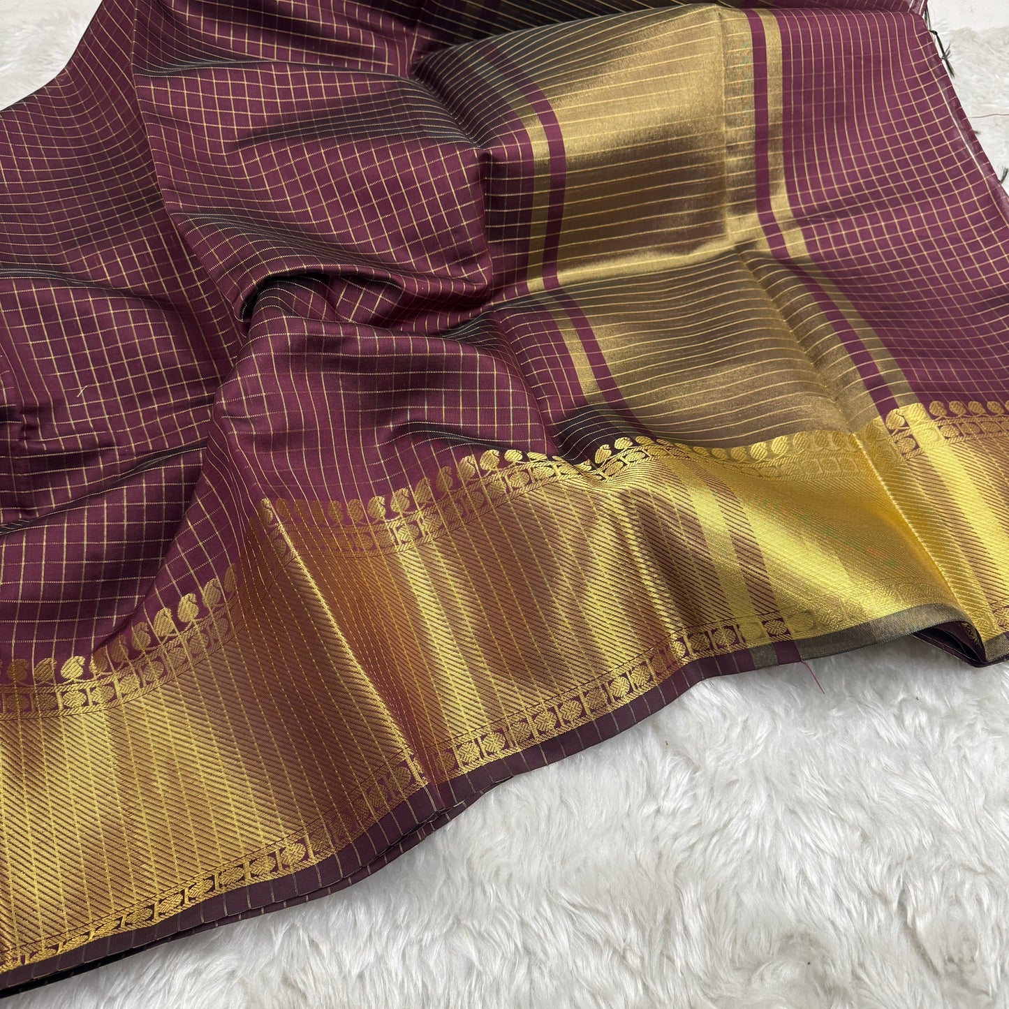 Wine Semi Kanchipuram Silk Checks Saree