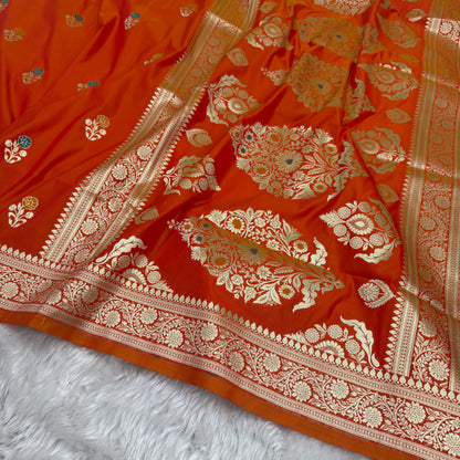 Orange Banarasi Meenakari Katan Silk Saree
