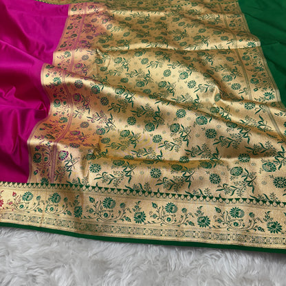 Banarasi Satin Katan Silk Saree Rani Pink to Green BN24