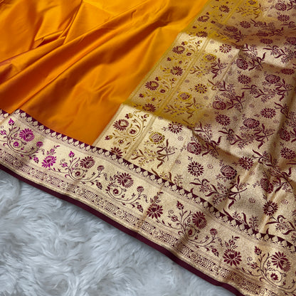Banarasi Satin Katan Silk Saree Mustard to Maroon BN26