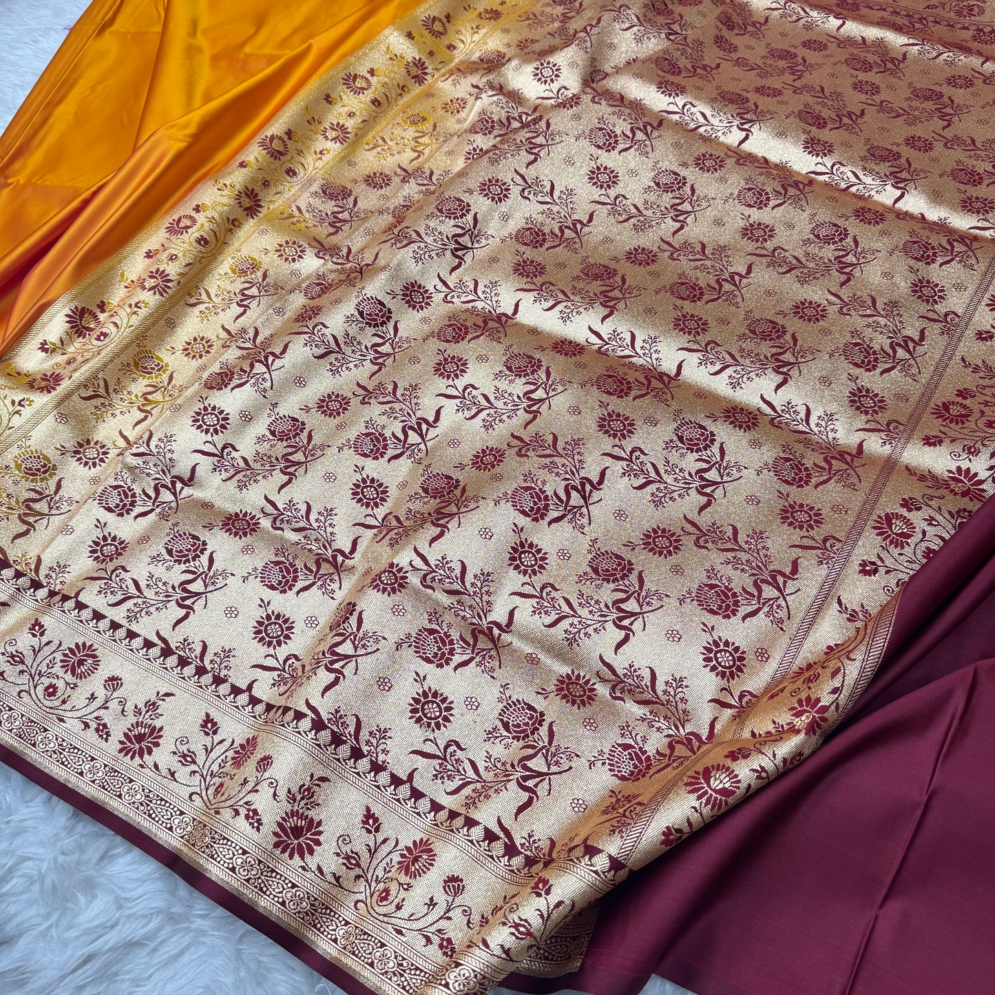 Banarasi Satin Katan Silk Saree Mustard to Maroon BN26