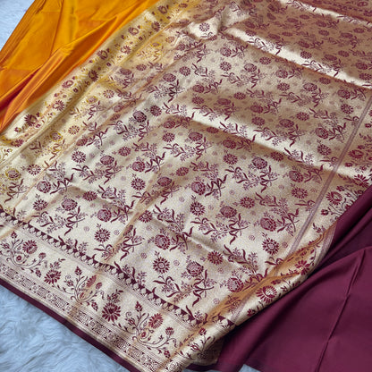Banarasi Satin Katan Silk Saree Mustard to Maroon BN26