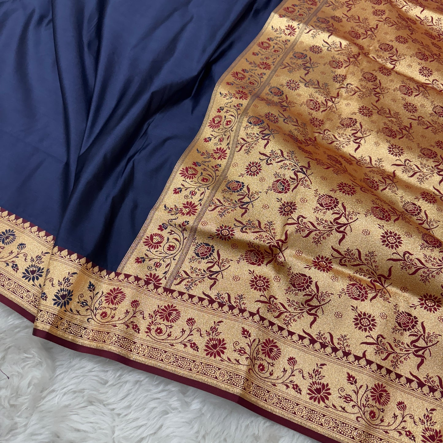 Banarasi Satin Katan Silk Saree Navy Blue to Maroon BN27