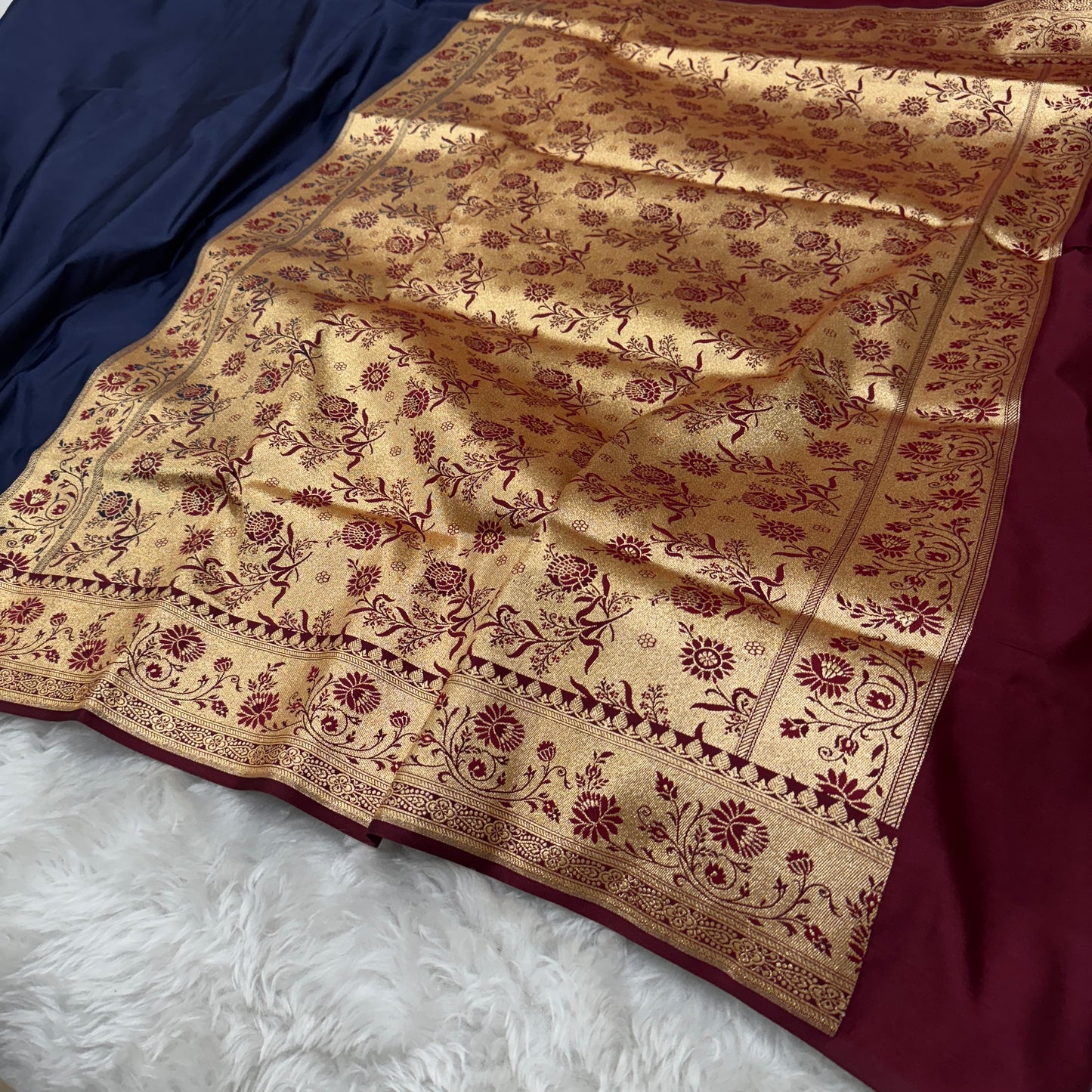 Banarasi Satin Katan Silk Saree Navy Blue to Maroon BN27