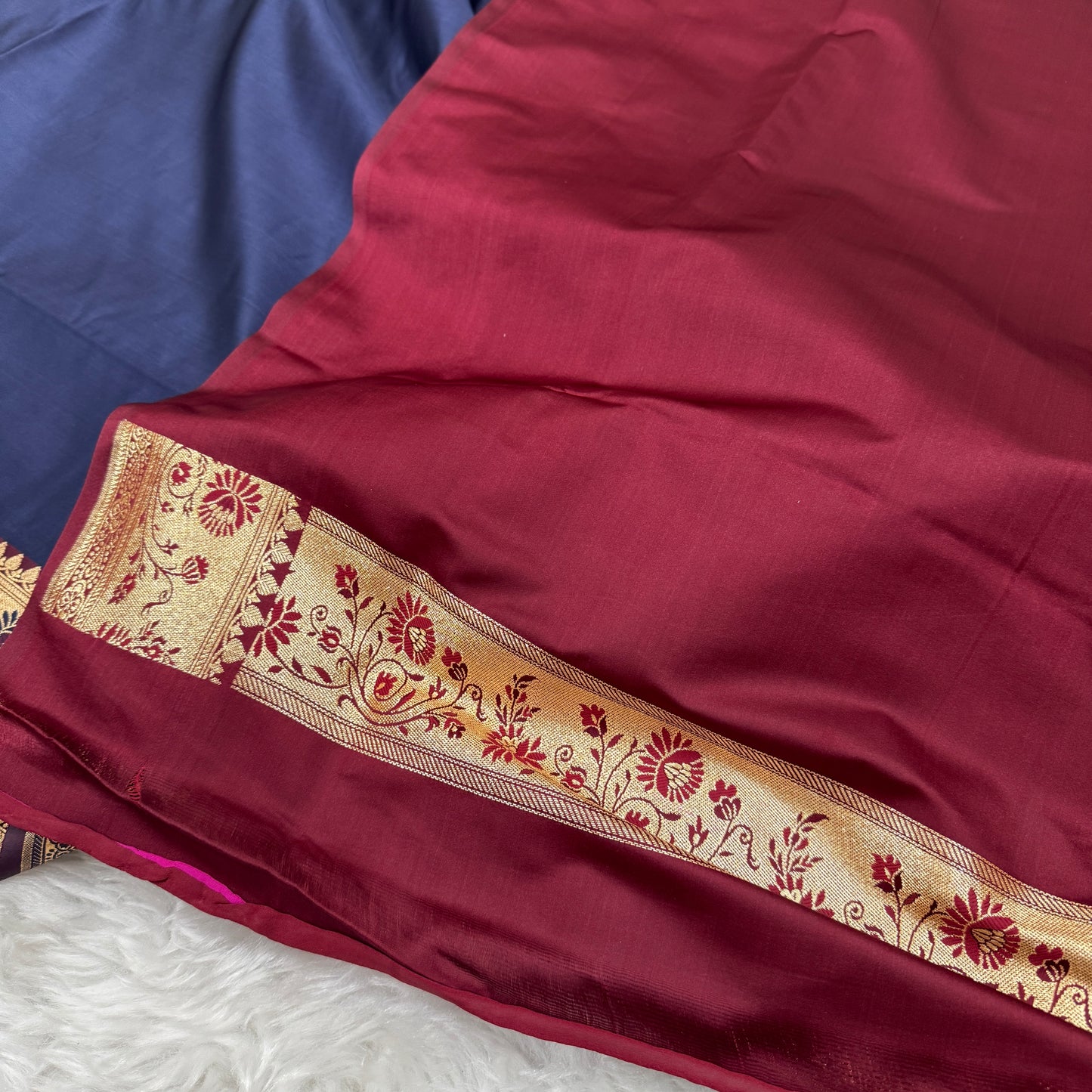 Banarasi Satin Katan Silk Saree Navy Blue to Maroon BN27