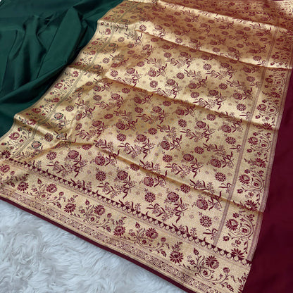 Banarasi Satin Katan Silk Saree Bottle Green to Maroon BN28