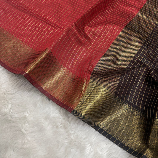 Maroon Black Chanderi Cotton Silk Check Saree
