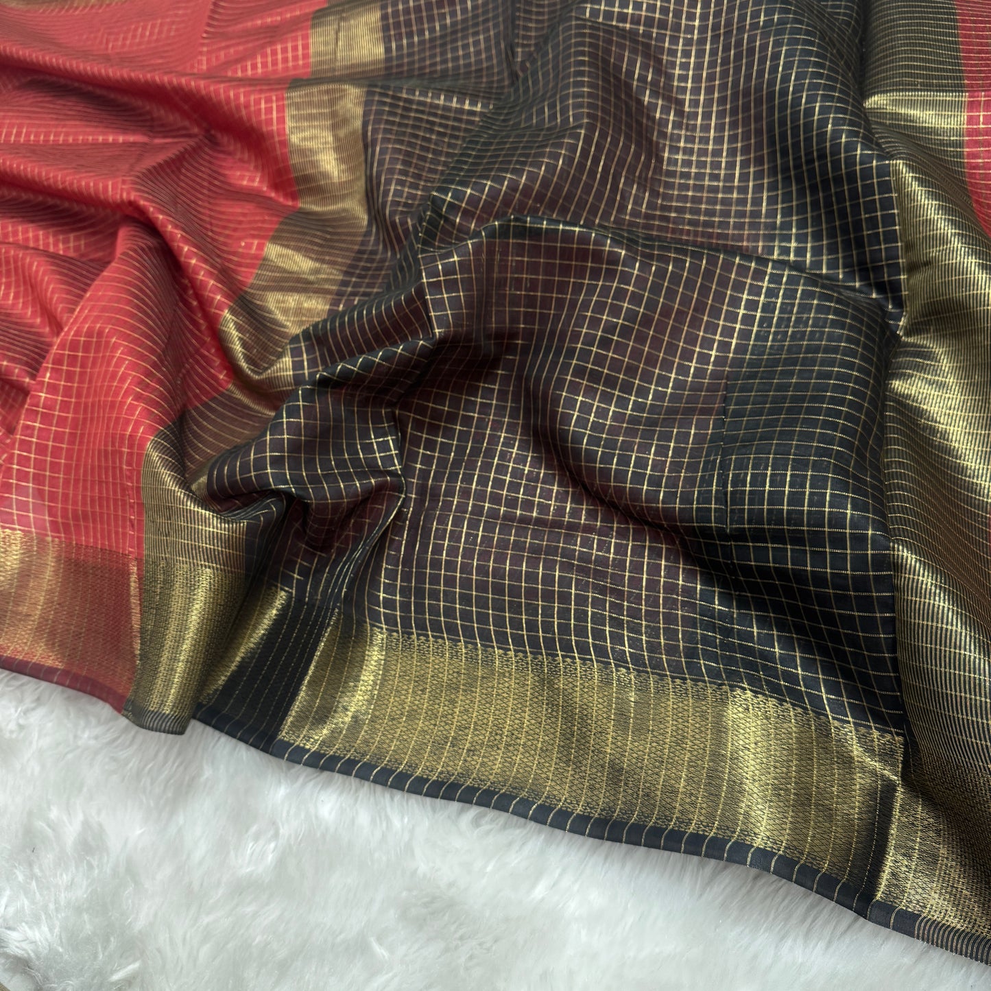 Maroon Black Chanderi Cotton Silk Check Saree