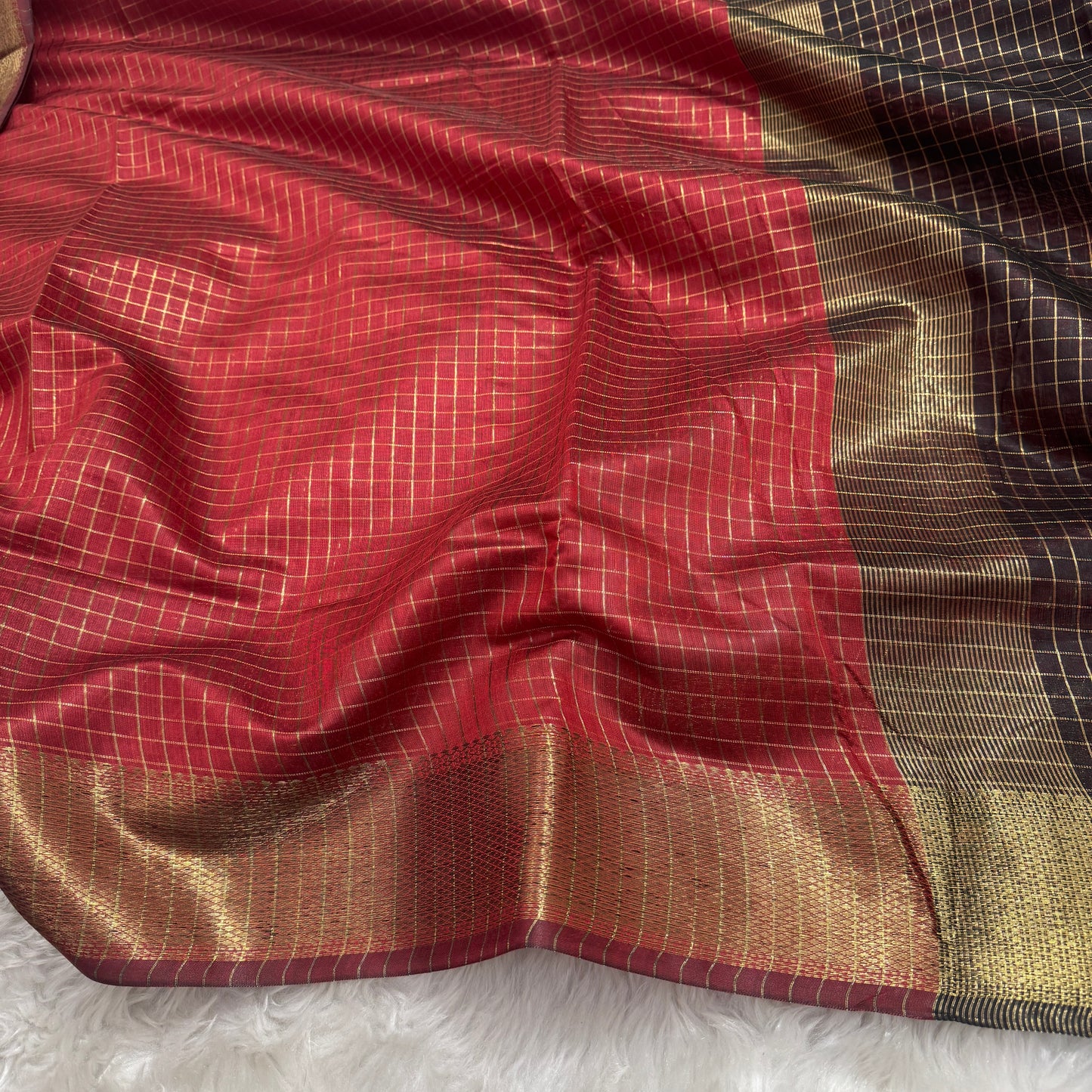 Maroon Black Chanderi Cotton Silk Check Saree