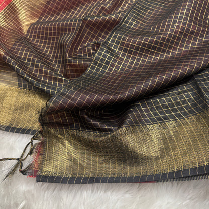 Maroon Black Chanderi Cotton Silk Check Saree
