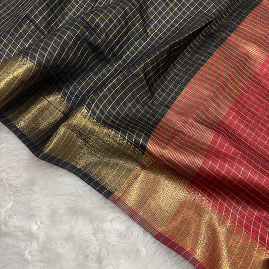Black Maroon Chanderi Cotton Silk Check Saree
