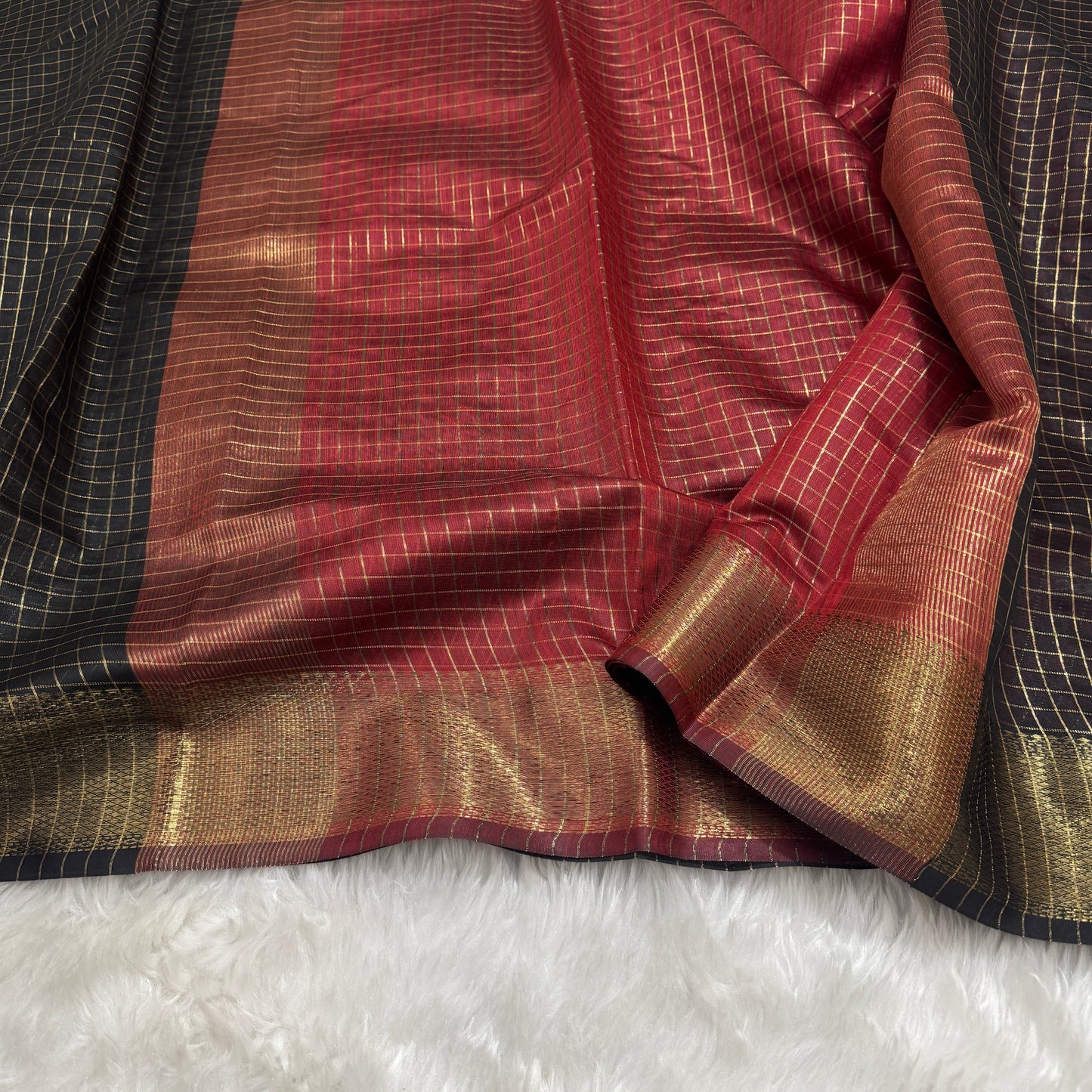 Black Maroon Chanderi Cotton Silk Check Saree