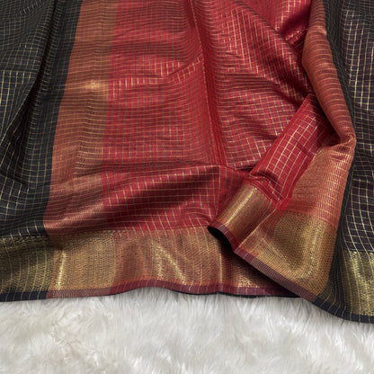 Black Maroon Chanderi Cotton Silk Check Saree