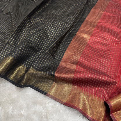 Black Maroon Chanderi Cotton Silk Check Saree
