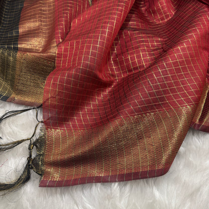 Black Maroon Chanderi Cotton Silk Check Saree