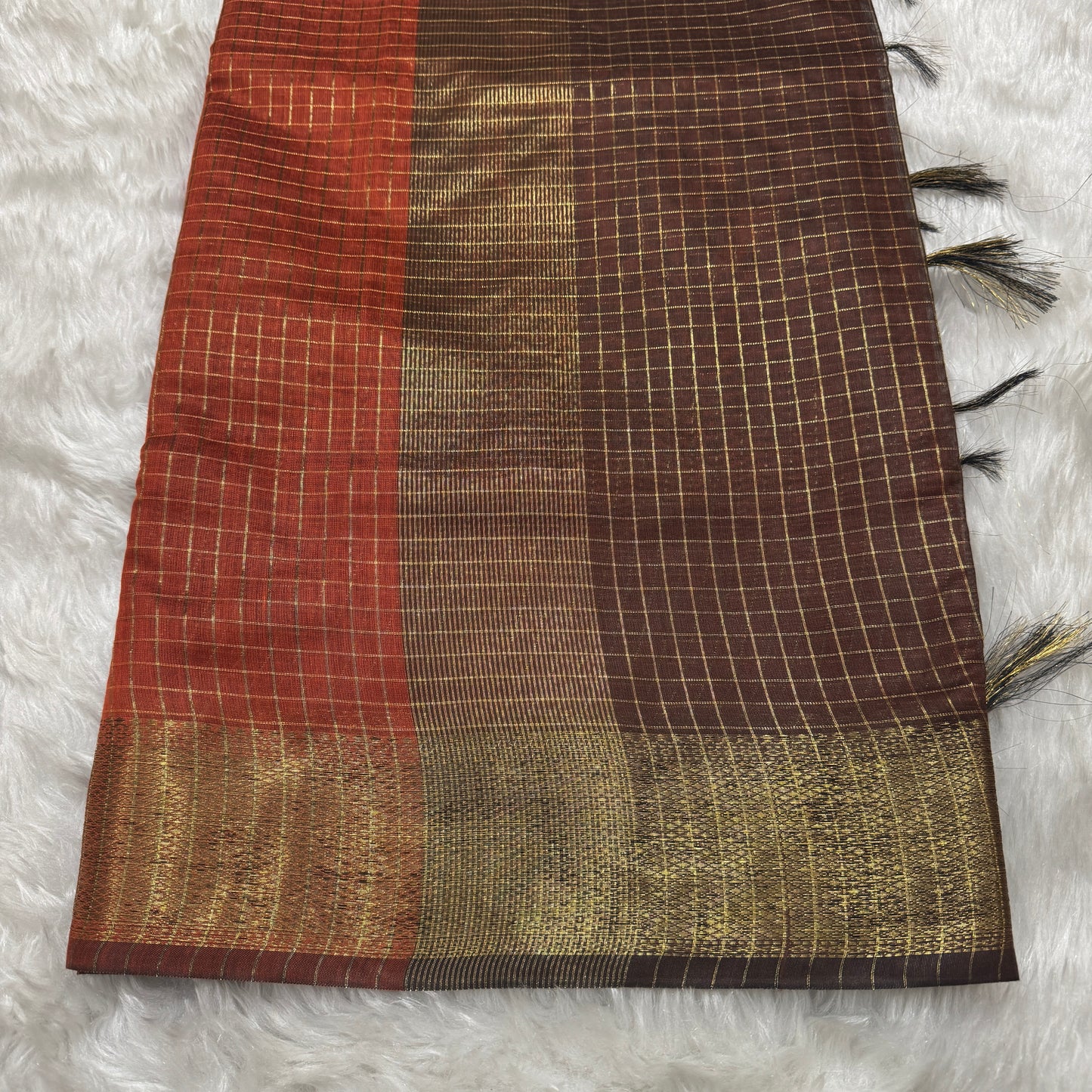 Burnt Orange Coffee Brown Chanderi Cotton Silk Check Saree