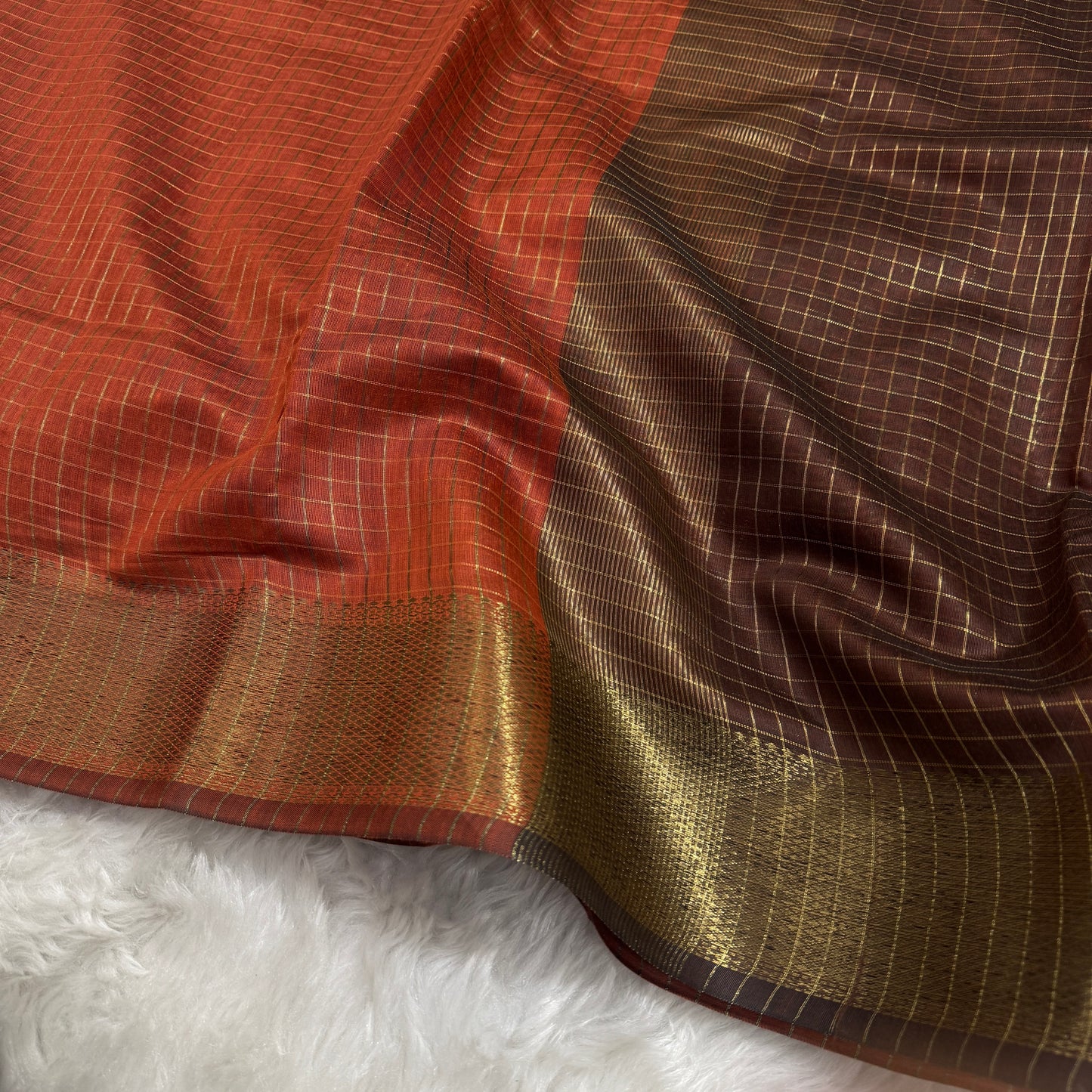 Burnt Orange Coffee Brown Chanderi Cotton Silk Check Saree