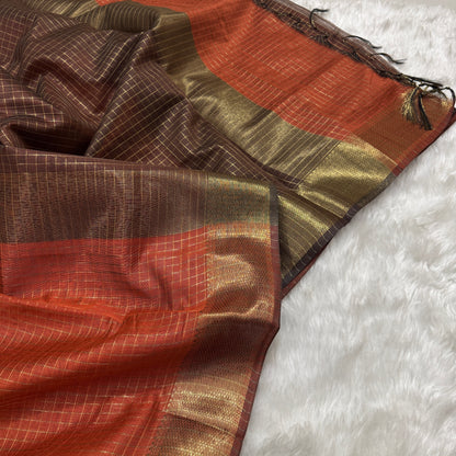 Burnt Orange Coffee Brown Chanderi Cotton Silk Check Saree