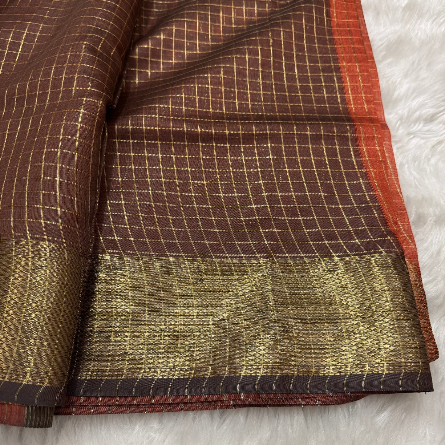 Burnt Orange Coffee Brown Chanderi Cotton Silk Check Saree